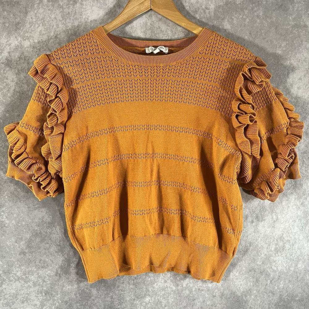 Calligraphie Ruffle Sleeve Knit Top Women XL Mustard Yellow Pointelle Sweater